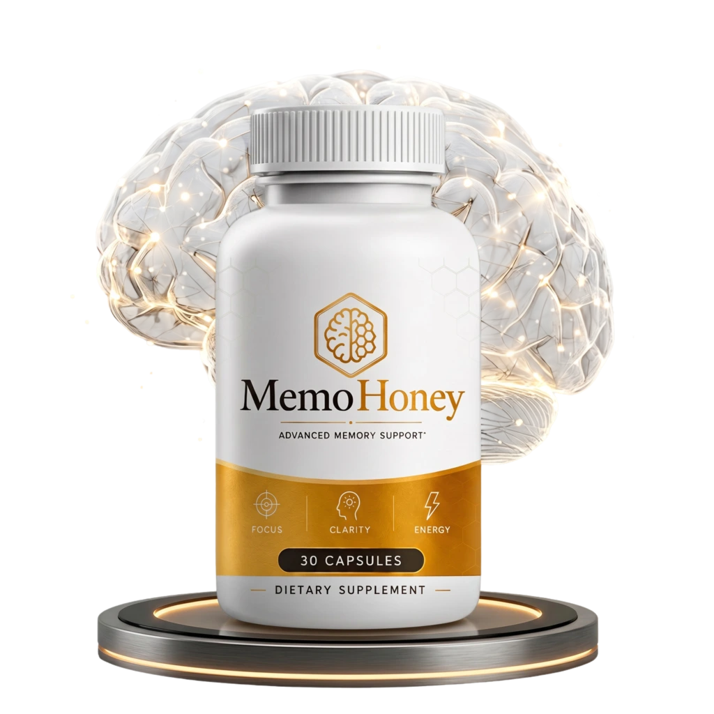 MemoHoney capsule bottle with glowing brain graphic